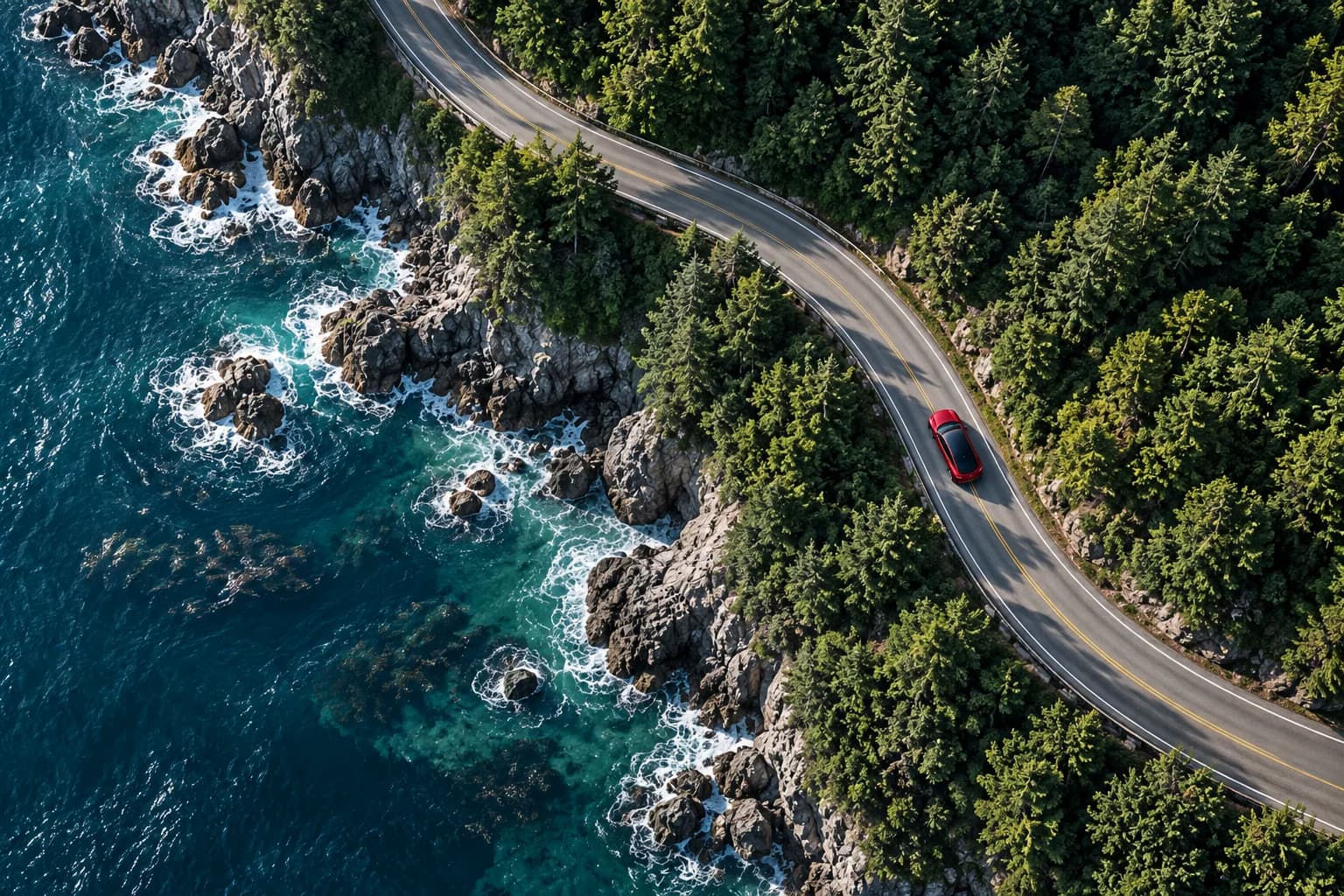 AI-assisted overhead frame of a red Tesla Model 3 on a winding forest coastline
