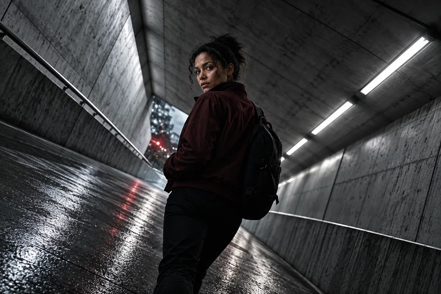 Deliberately tilted thriller frame of a figure in a modern concrete underpass