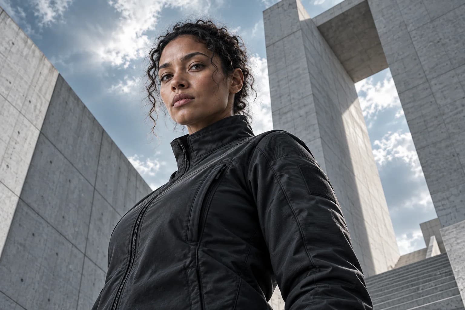 Low-angle view of a fictional adult character beneath monumental concrete architecture