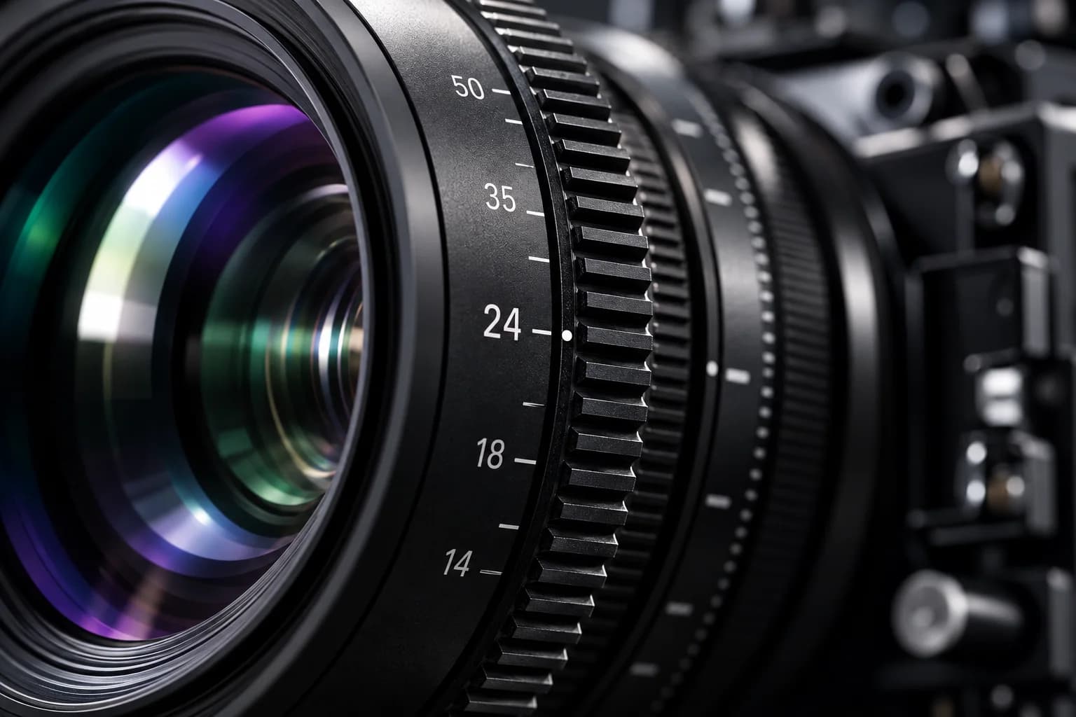 Extreme close-up insert of a modern camera focus ring and optical glass