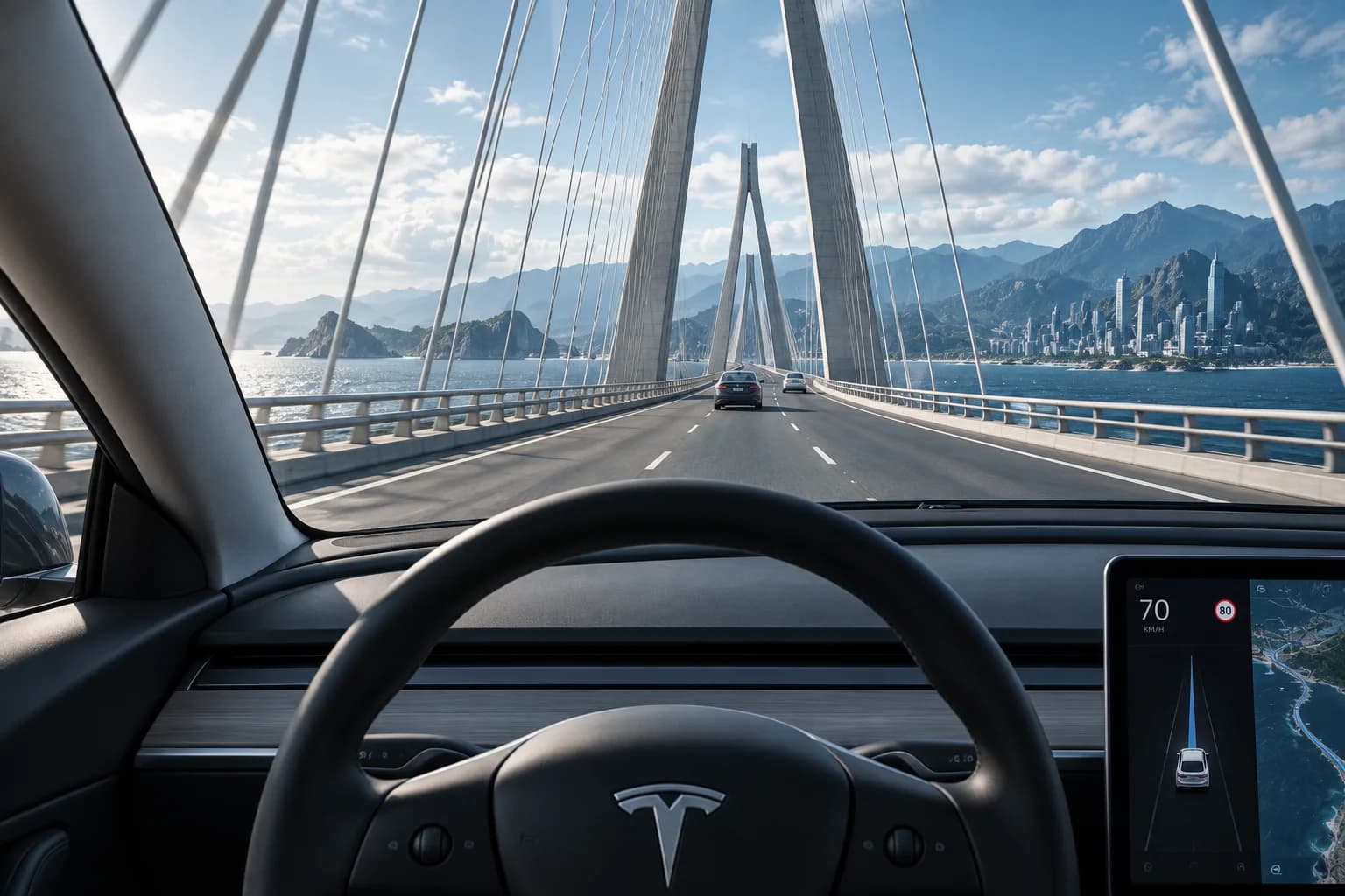 AI-assisted driver point-of-view from a Tesla Model 3 crossing a modern bridge