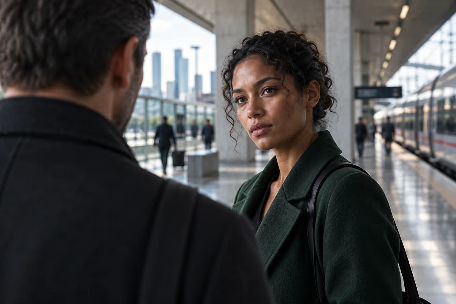 Over-the-shoulder conversation frame in a contemporary concrete station