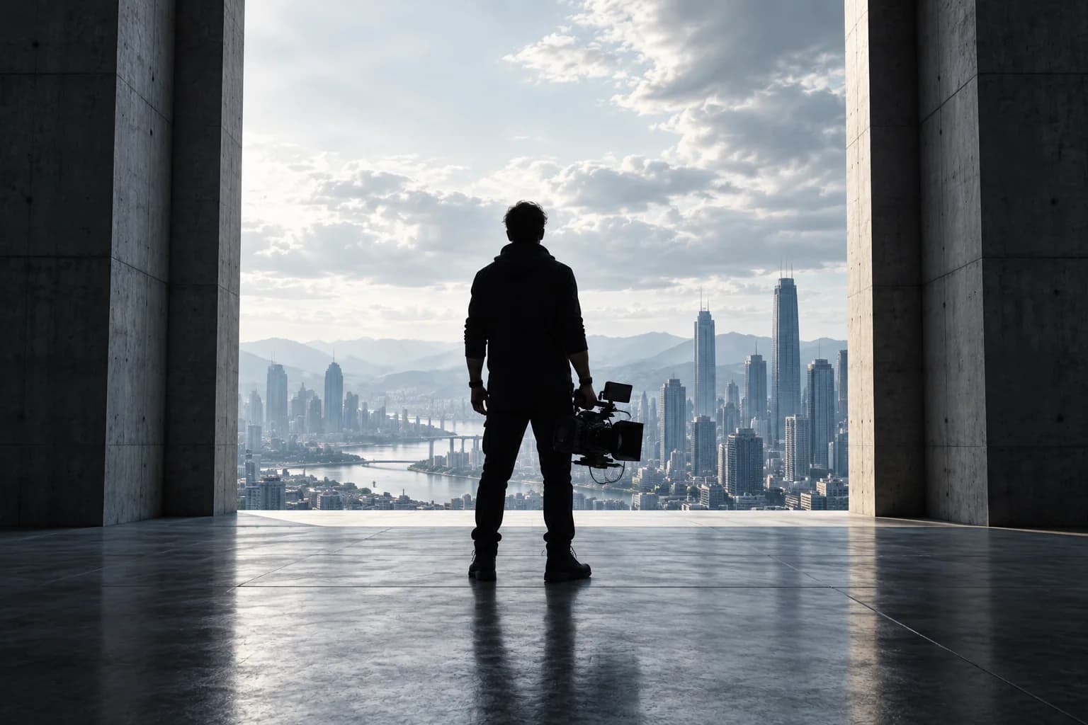Contemporary figure silhouetted in a concrete doorway against neutral daylight