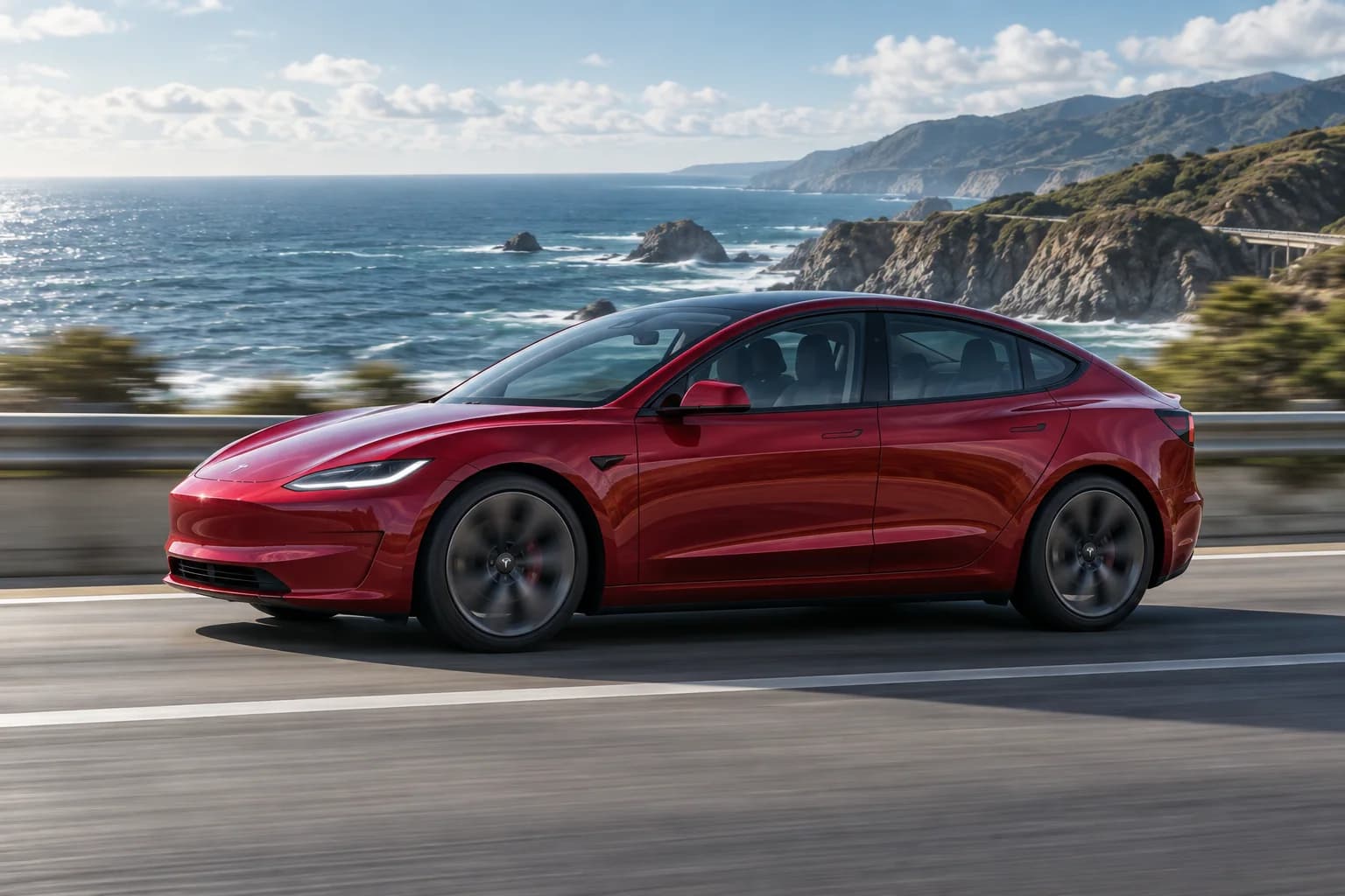 AI-assisted side-on tracking frame of a red Tesla Model 3 on a coastal highway
