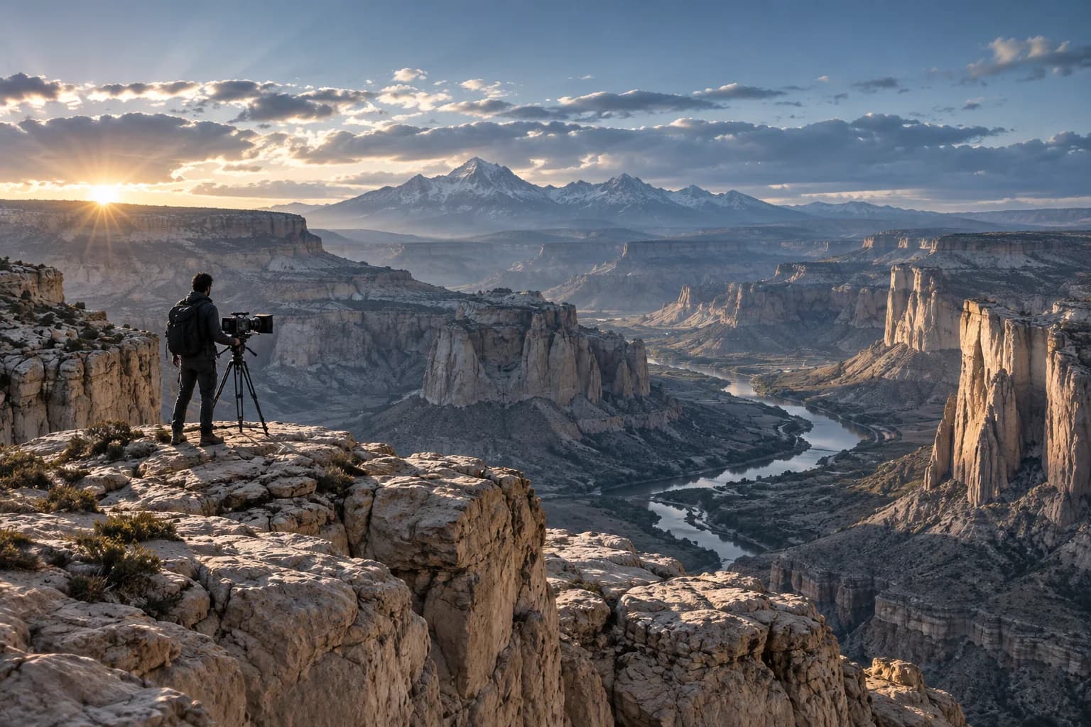 Extreme wide establishing shot of a pale canyon with a small modern figure for scale