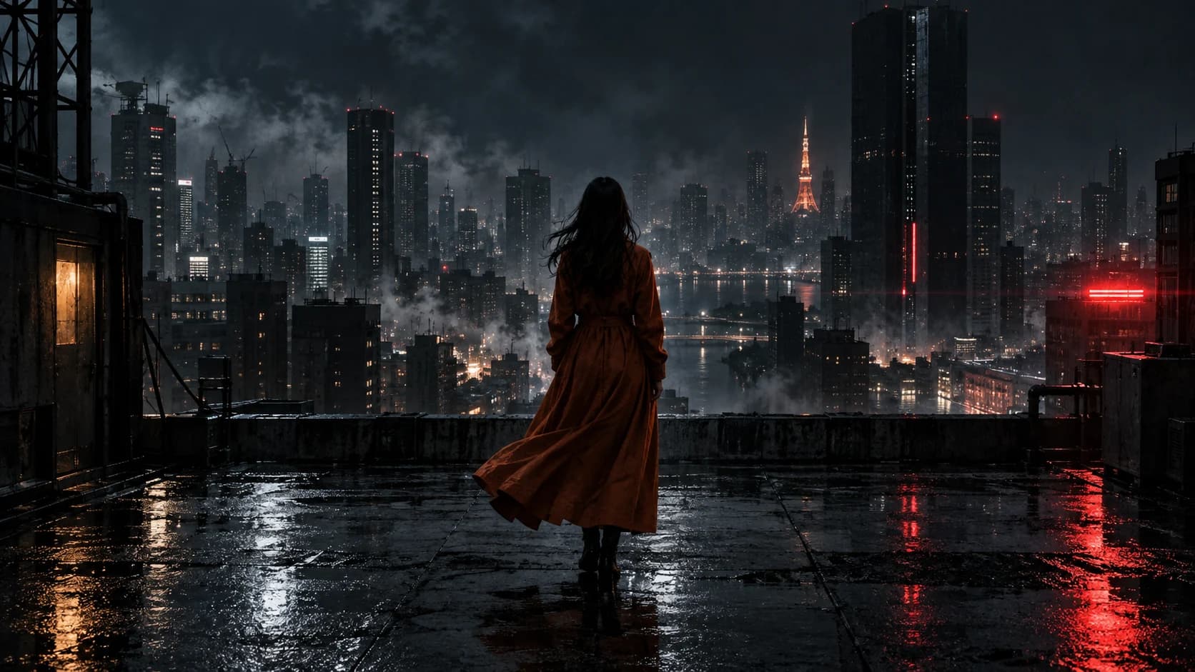 Concept artwork: a figure in a rust coat overlooking a luminous rain-soaked city