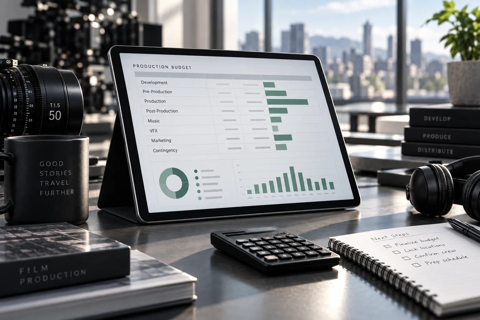 Digital production budget concept with a compact calculator on a graphite desk