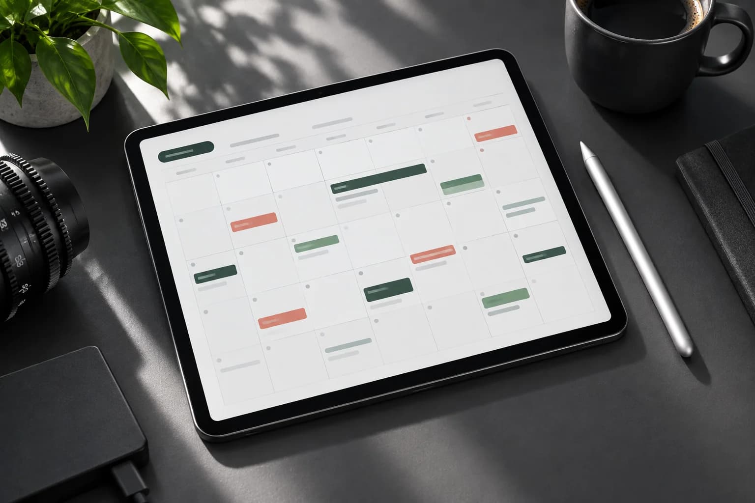 Modern tablet calendar with green and coral schedule markers