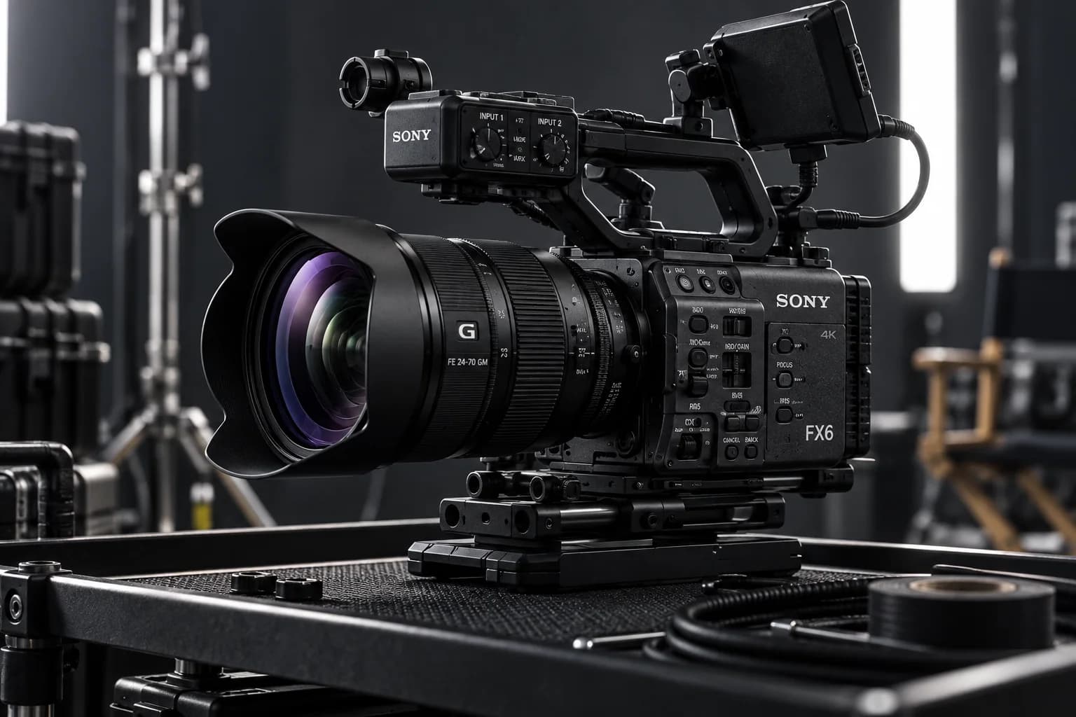 AI-assisted editorial depiction of a Sony FX6 cinema camera on a production cart