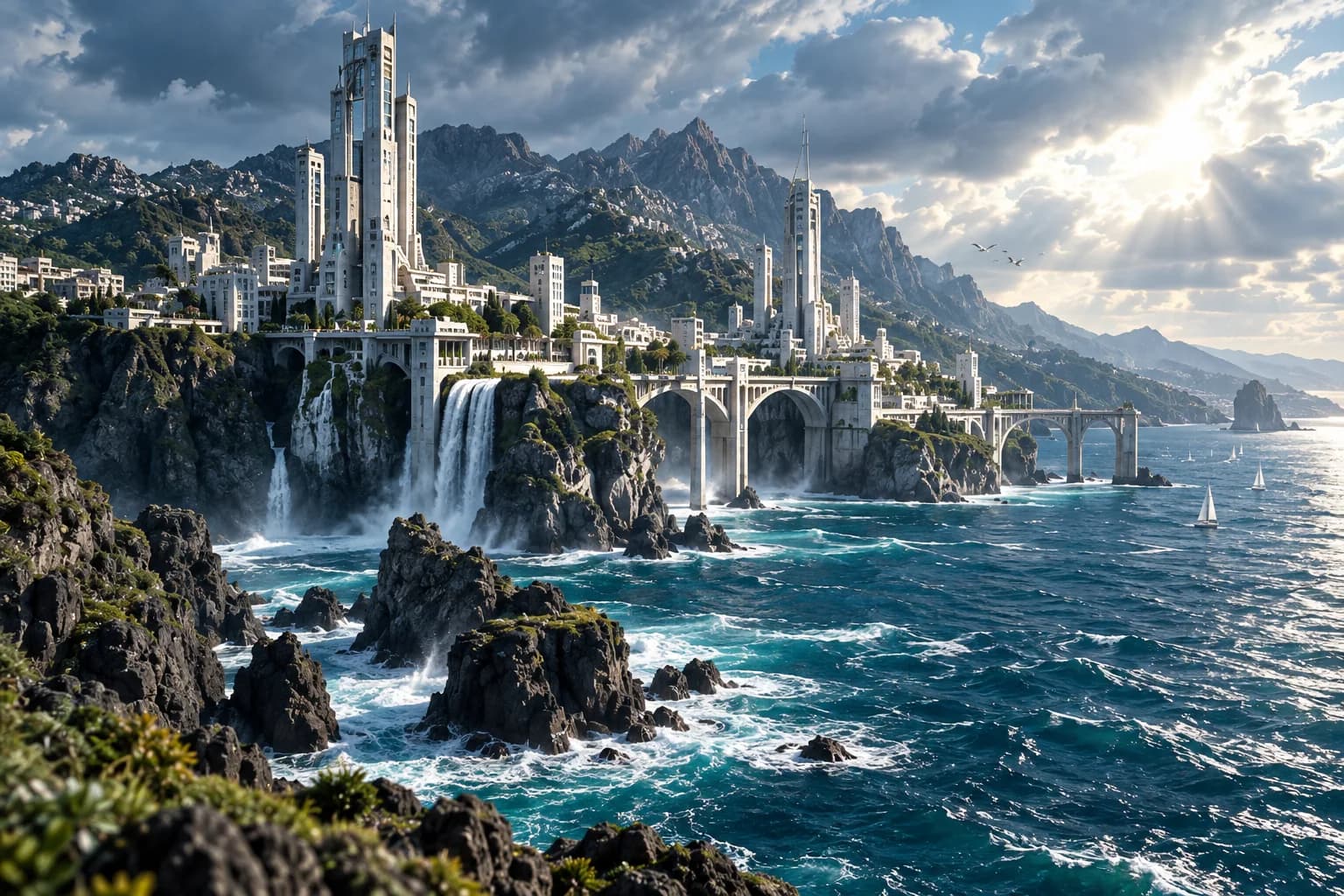 Monumental contemporary coastal city and bridge above a natural teal ocean