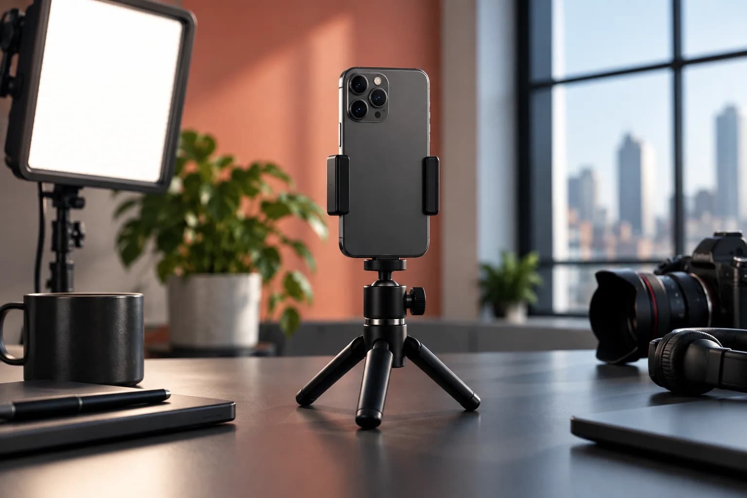 Vertical smartphone and LED key light in a contemporary creator workspace
