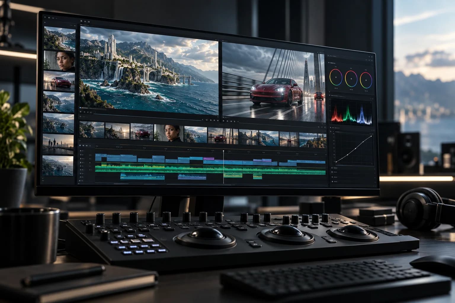 Modern post-production display with cinematic thumbnails and sequence tracks