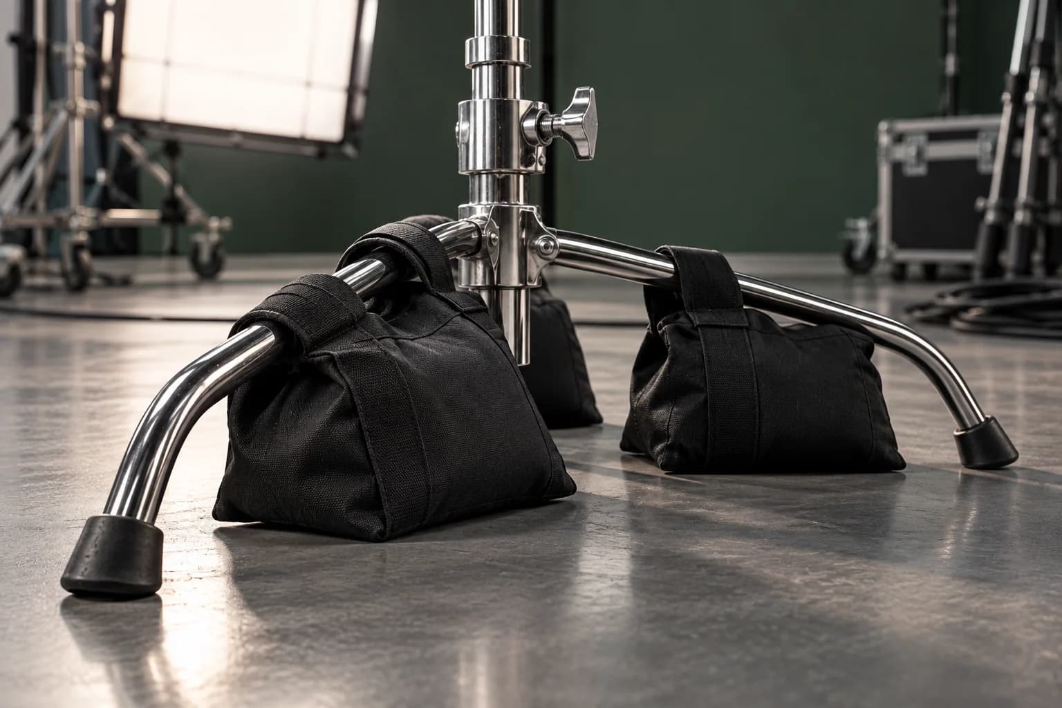 Black saddle sandbags securing a stainless steel stand on a modern soundstage