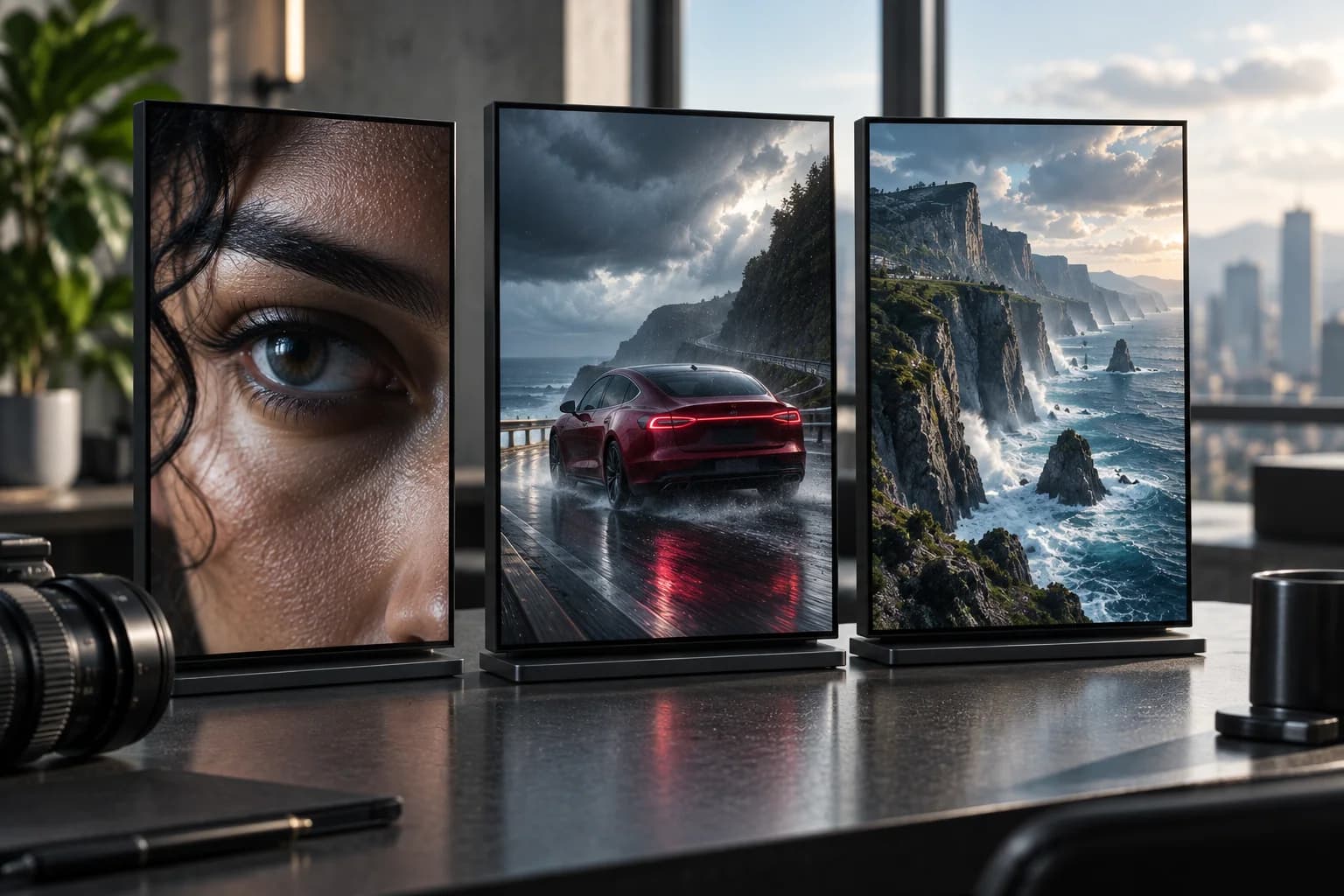 Three digital opening-frame concepts showing a portrait, a vehicle and a landscape