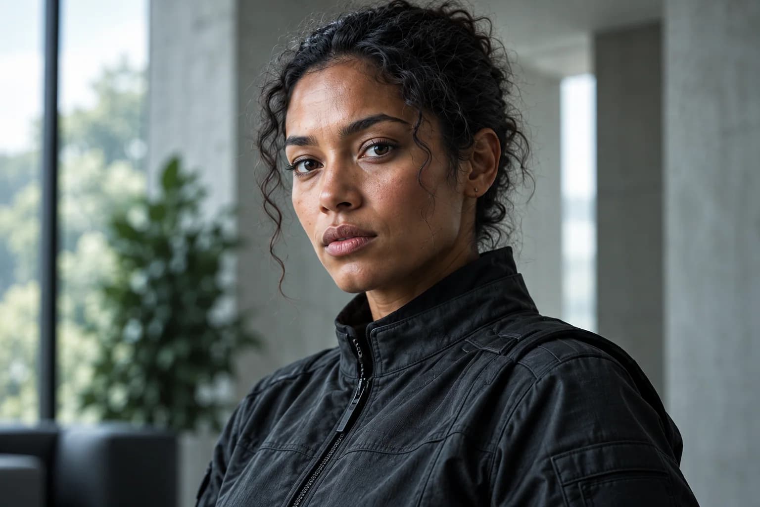 Fictional adult character portrait with natural skin tones and soft window light