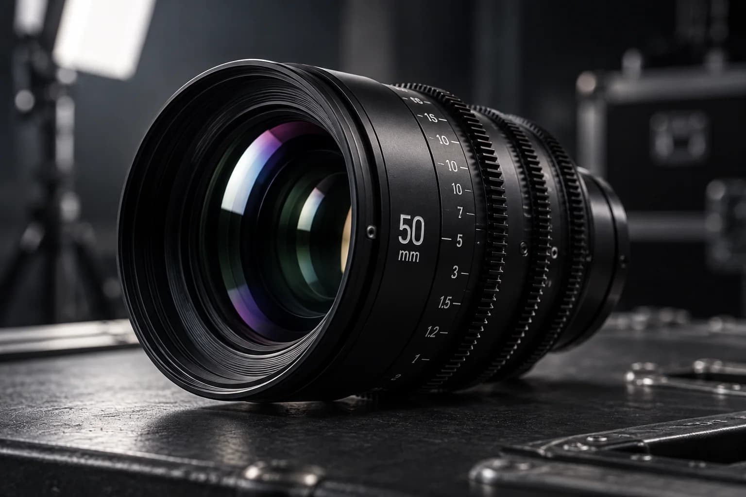 Modern black cinema prime lens with crisp white and violet optical reflections