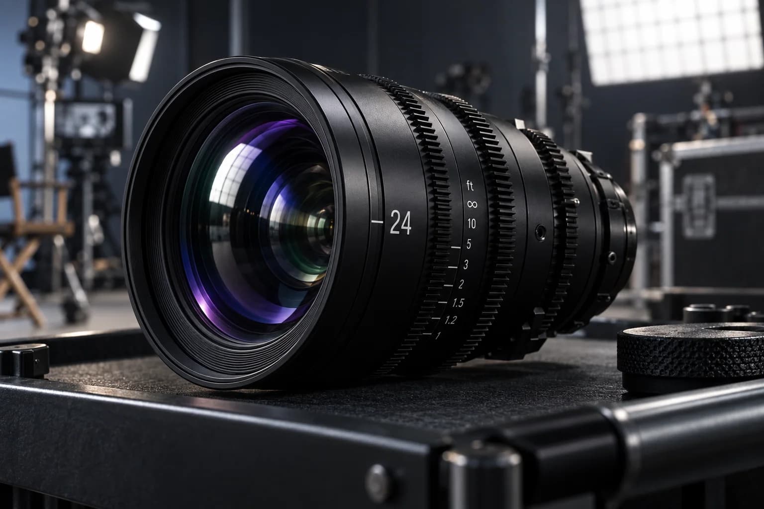 Modern 24mm wide-angle cinema lens with neutral white optical reflections