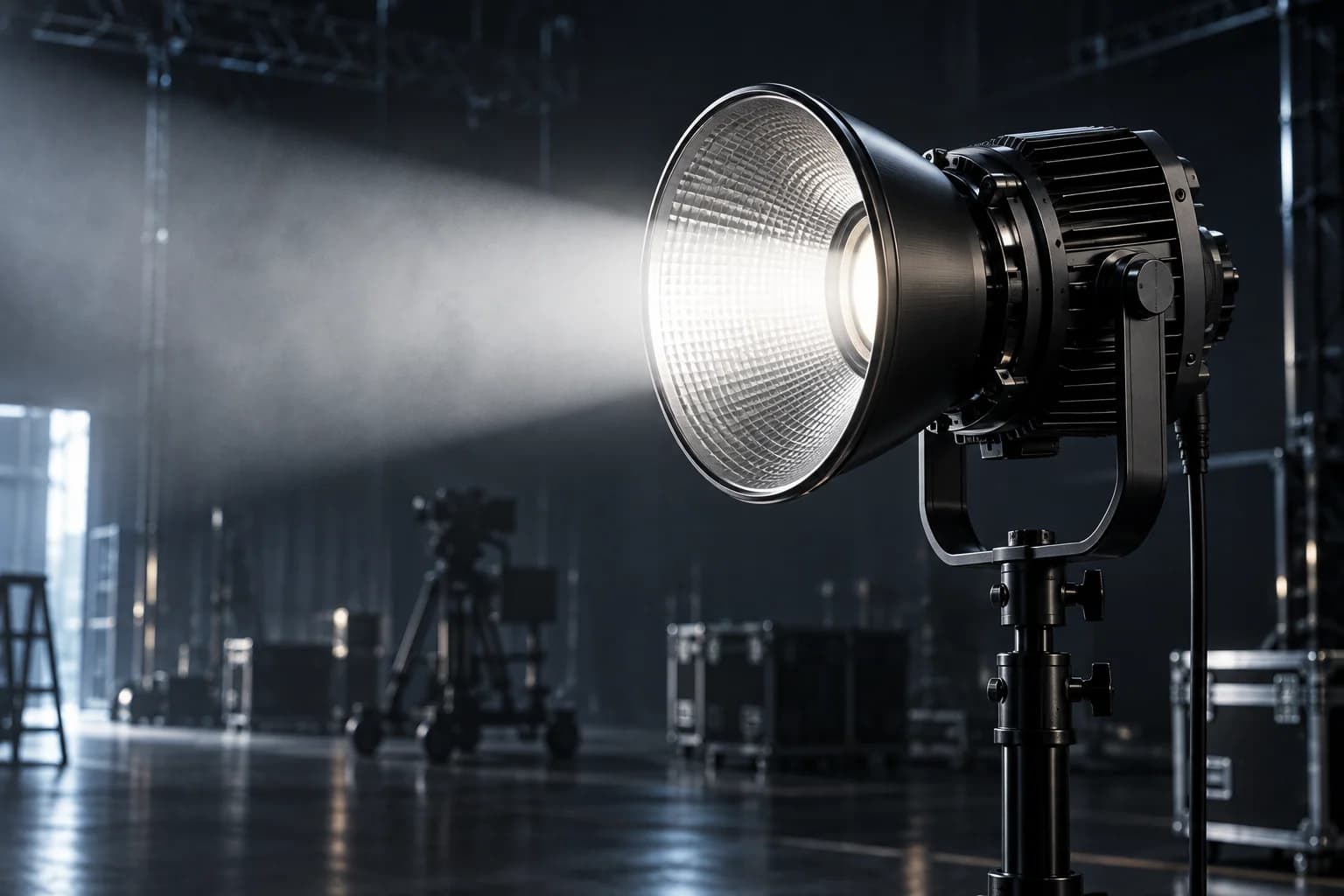 Modern cinema LED fixture projecting a neutral white beam through a soundstage