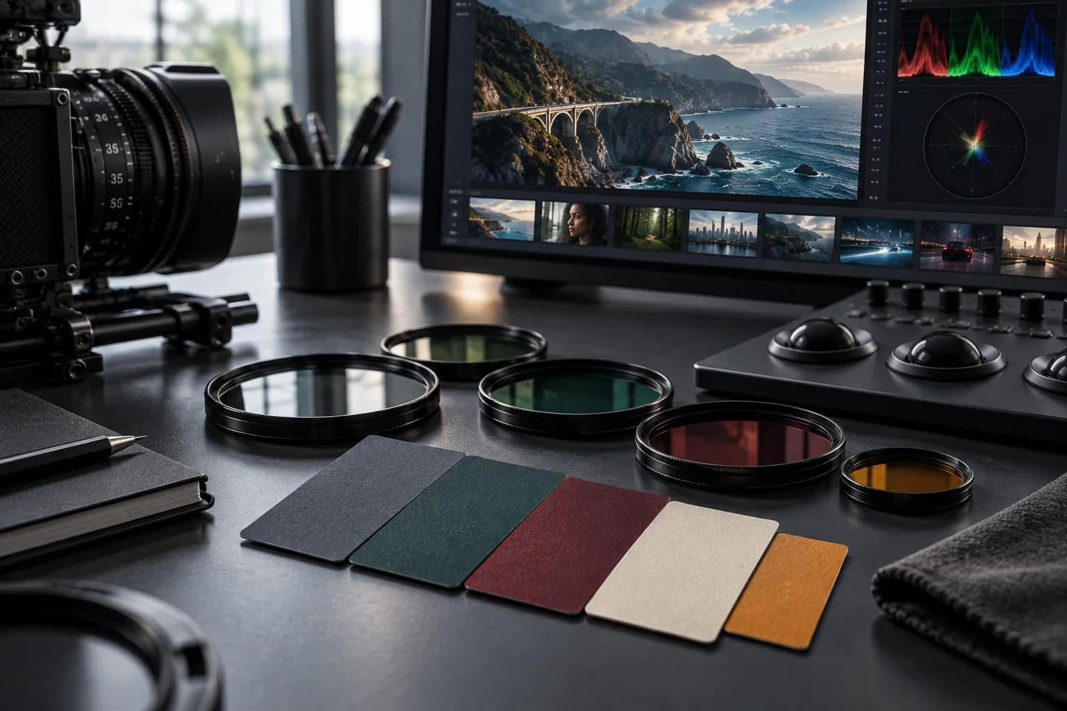 Forest green, burgundy and neutral color swatches beside optical filters