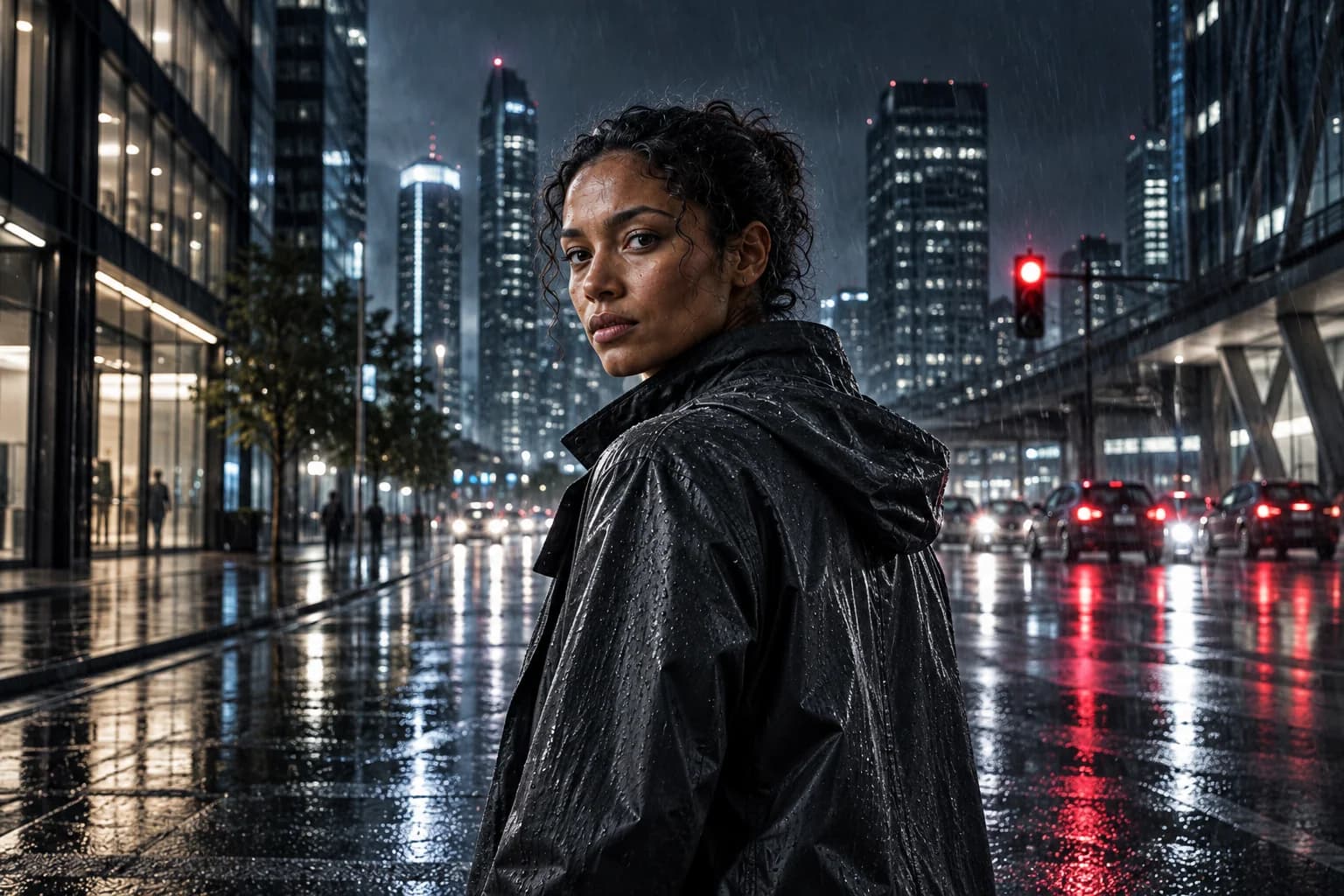 Contemporary wet city street with a graphite-coated figure and red traffic reflections
