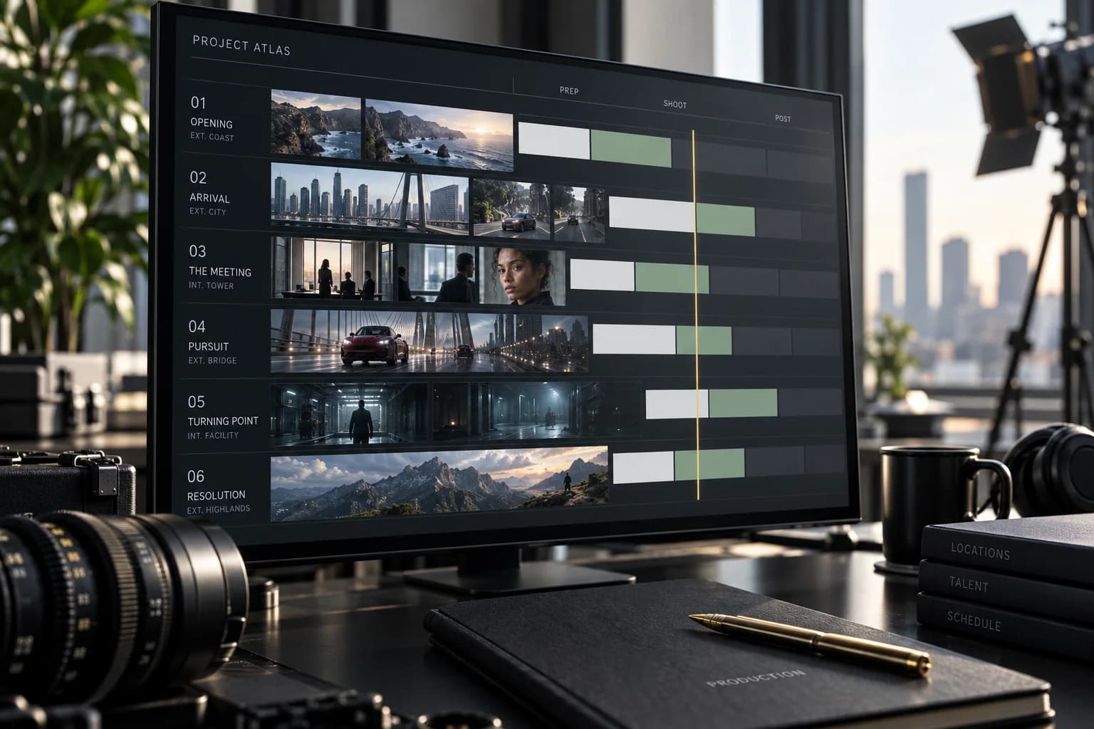 Contemporary digital production schedule with sage and white scene blocks