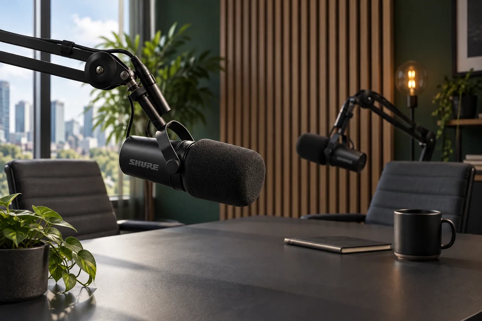 AI-assisted editorial podcast studio with two Shure SM7B microphones on boom arms
