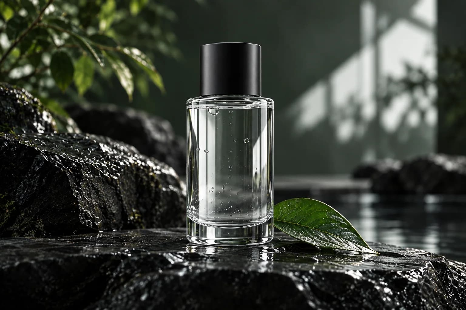 Clear glass product bottle on black stone with restrained green and white reflections