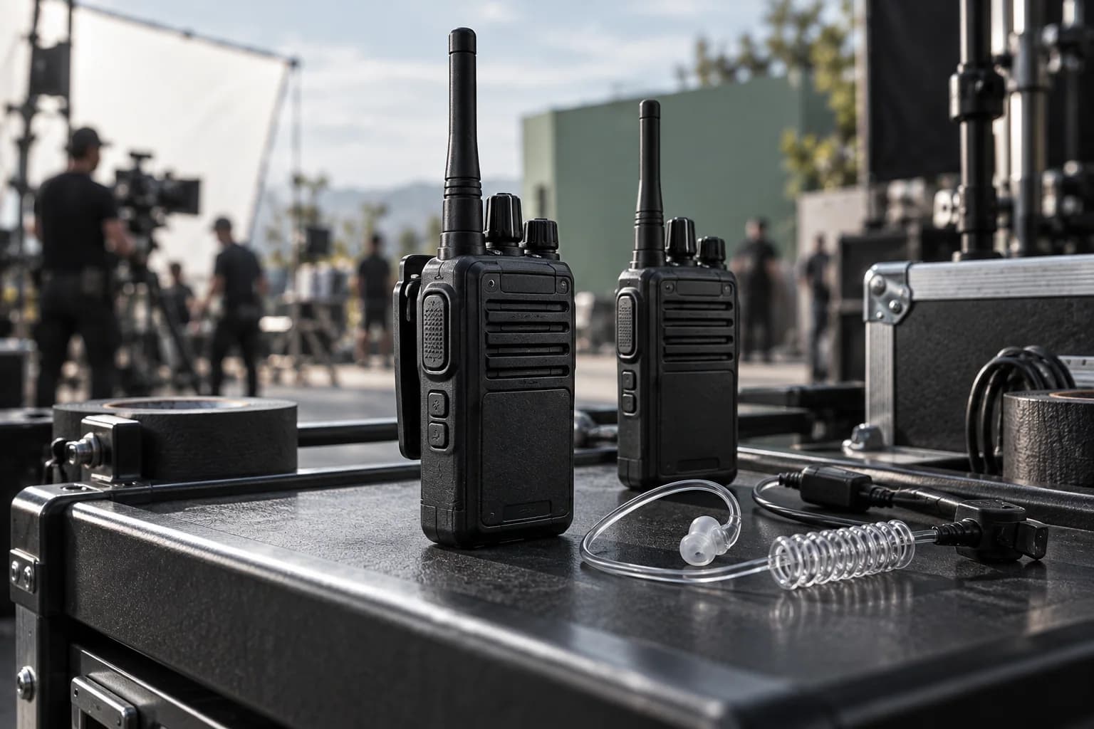 Two modern production radios with a coiled acoustic earpiece