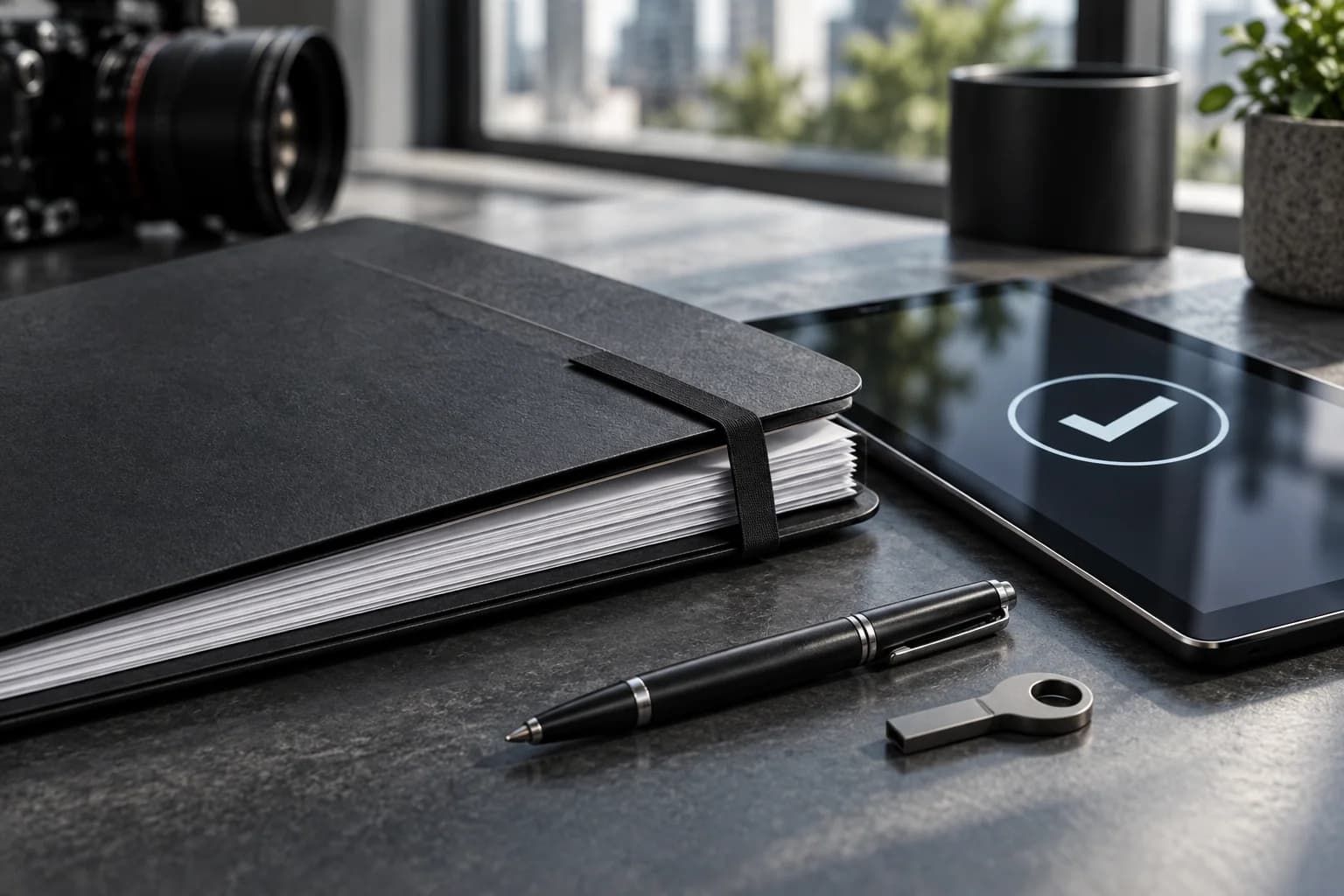 Modern production release paperwork and a titanium key under neutral daylight