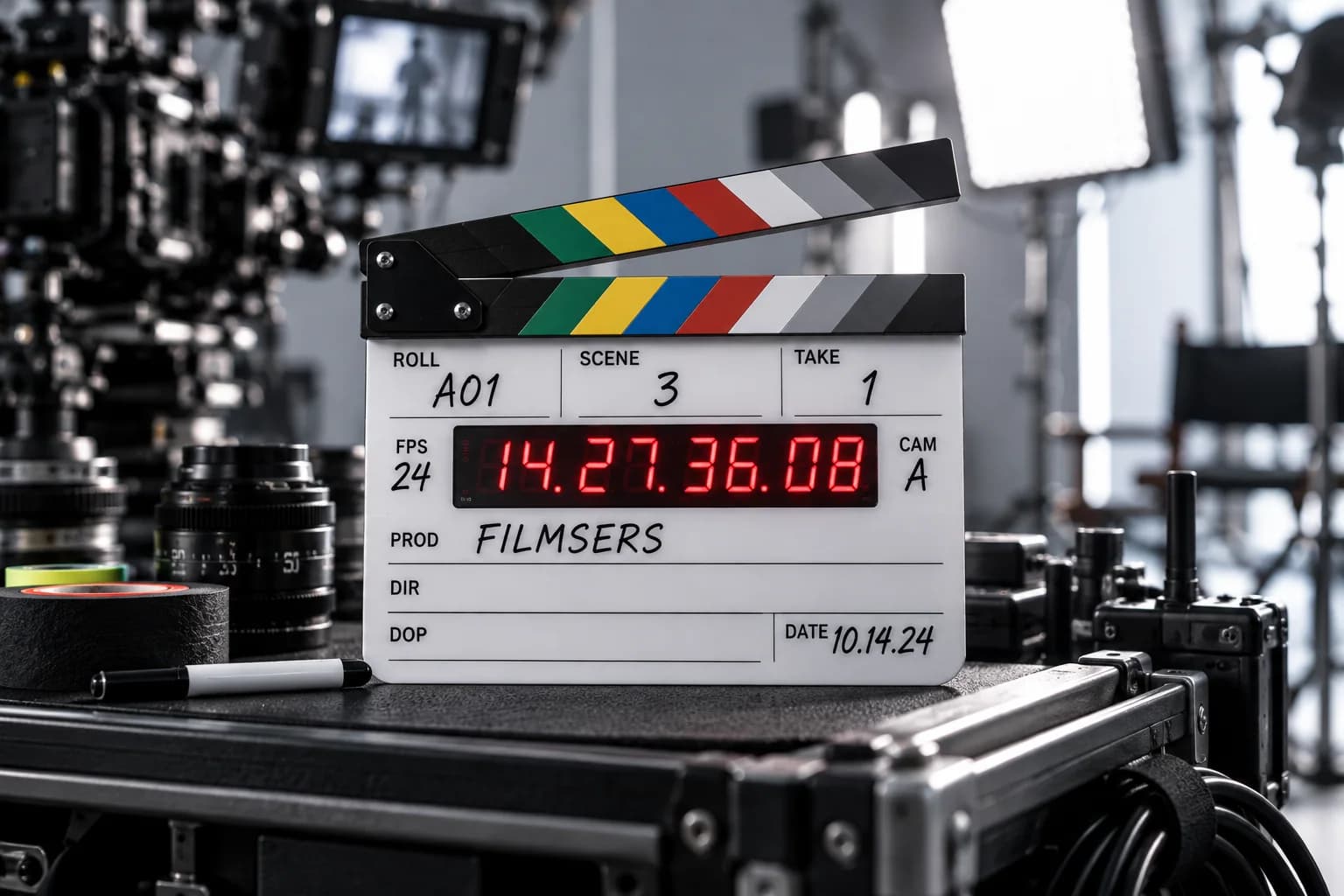 Modern digital timecode clapperboard on a neutral-lit production cart