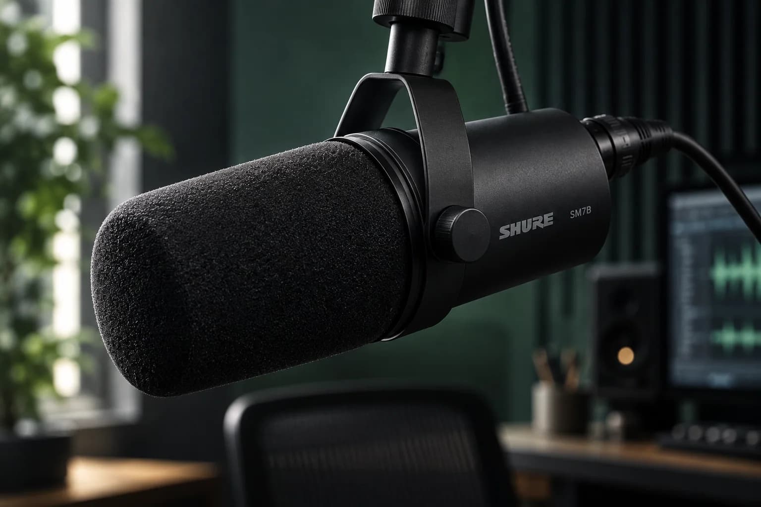 AI-assisted editorial depiction of a Shure SM7B microphone in a modern recording booth