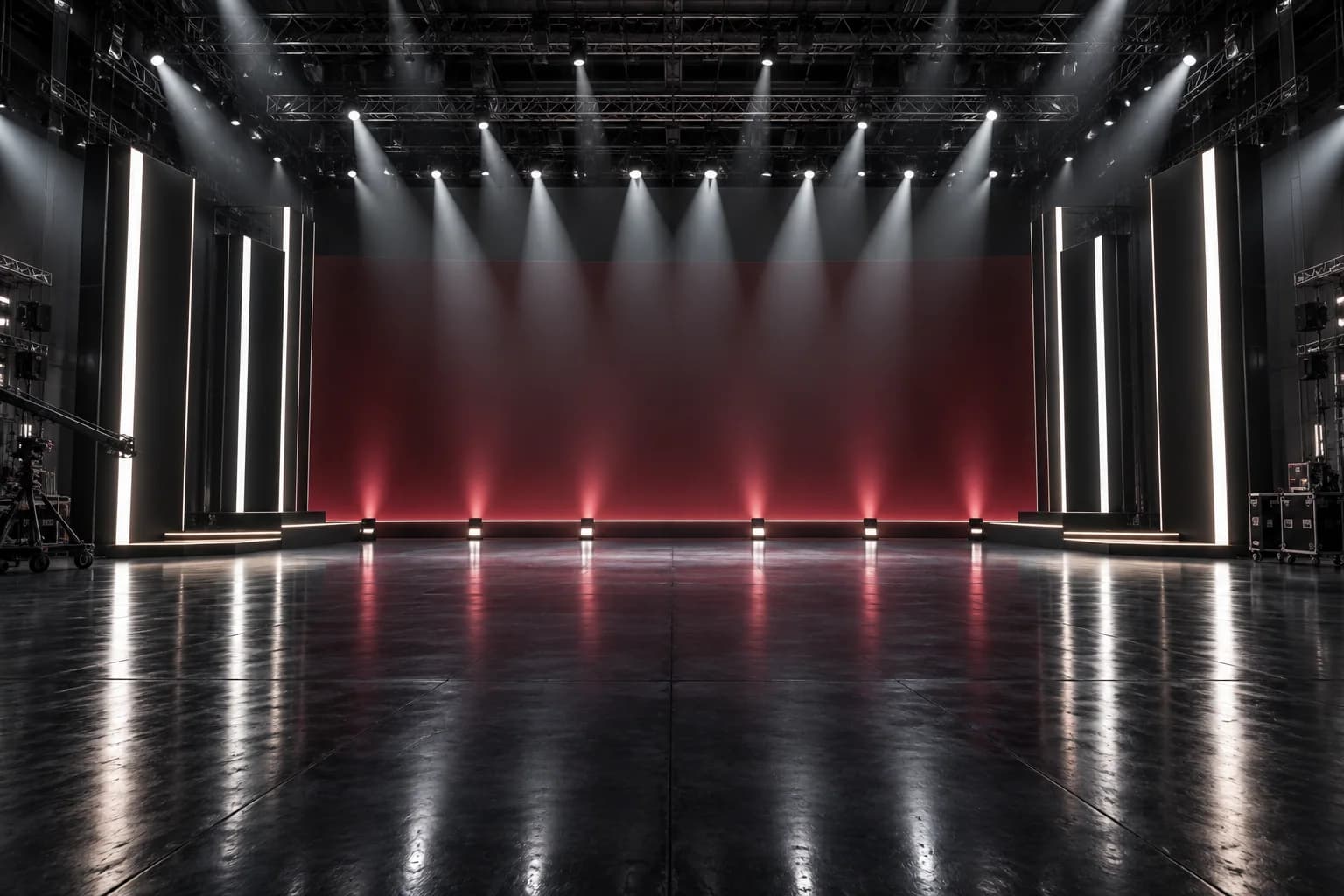 Contemporary performance stage with white light bars and a burgundy backdrop