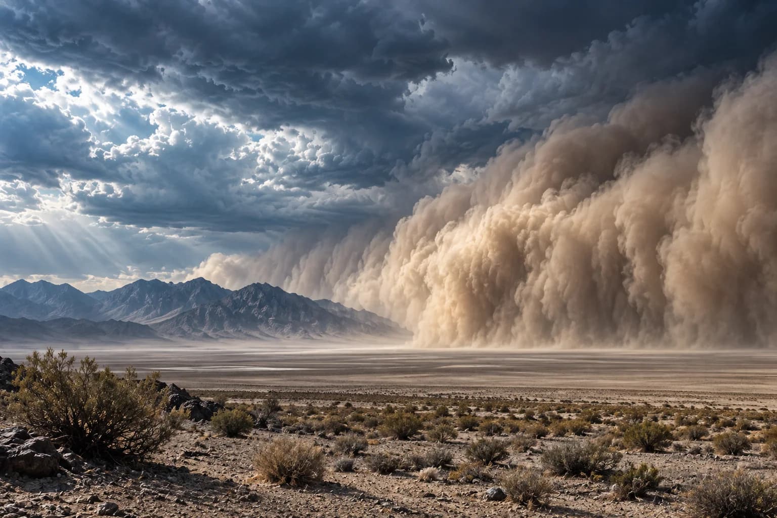 Natural dust front crossing a pale desert basin beneath a blue-grey storm sky