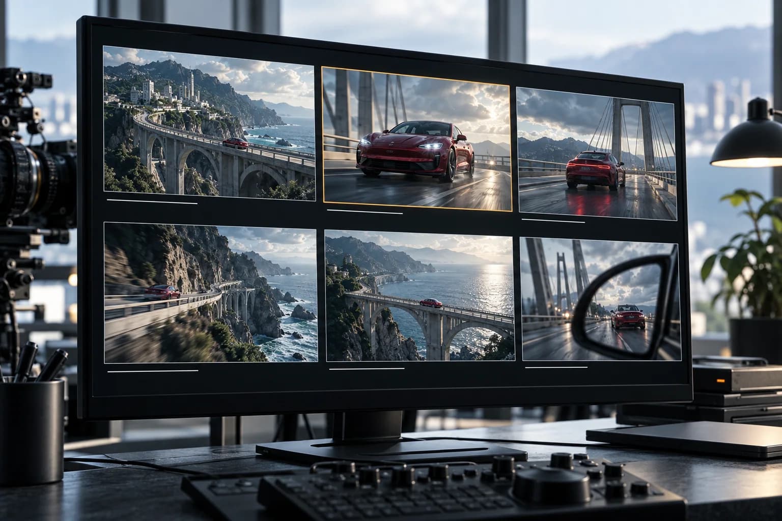 Modern production display showing a coastal bridge sequence storyboard