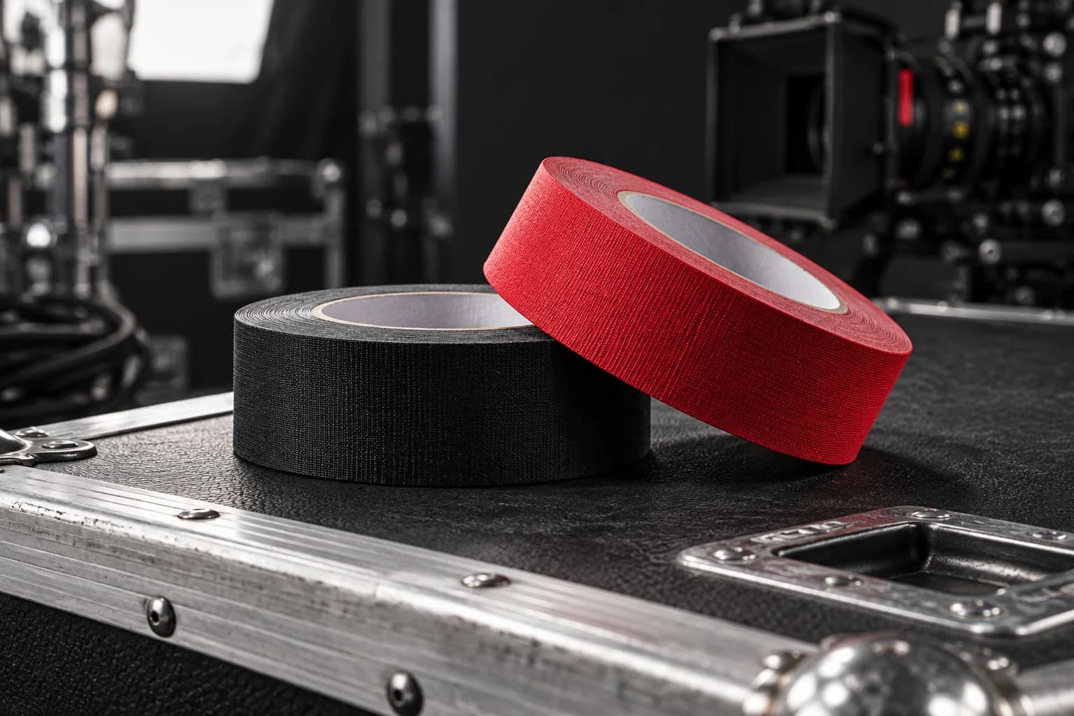 Red and black woven gaffer tape on a contemporary production road case