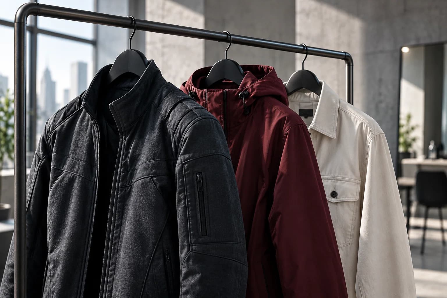 Charcoal, burgundy and ivory contemporary costumes on a wardrobe rail