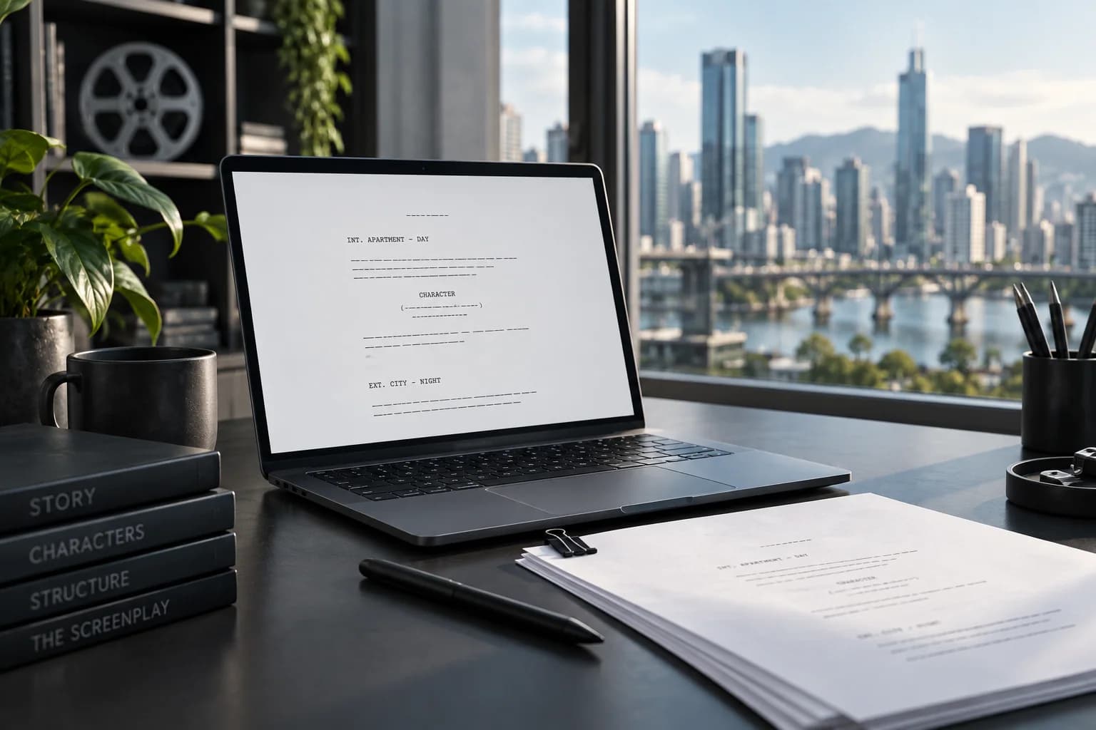 Modern screenplay workspace with a slim laptop and bright white script pages